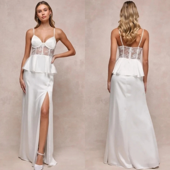 Lulus Iconic Adoration White Satin Peplum Sheer Bustier Maxi Dress Wedding - Picture 1 of 11